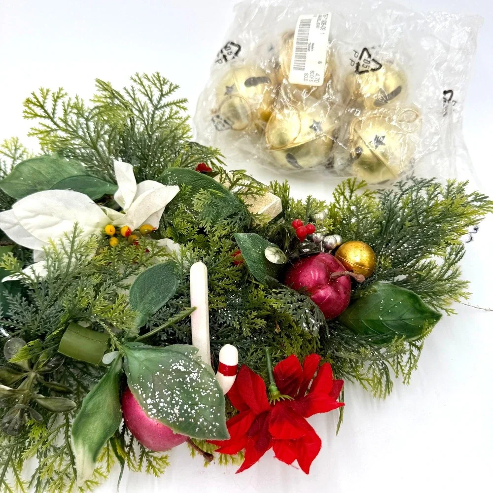 VTG Christmas Plastic Greenery Centerpiece Candle Decor and 5 Golden Bells
